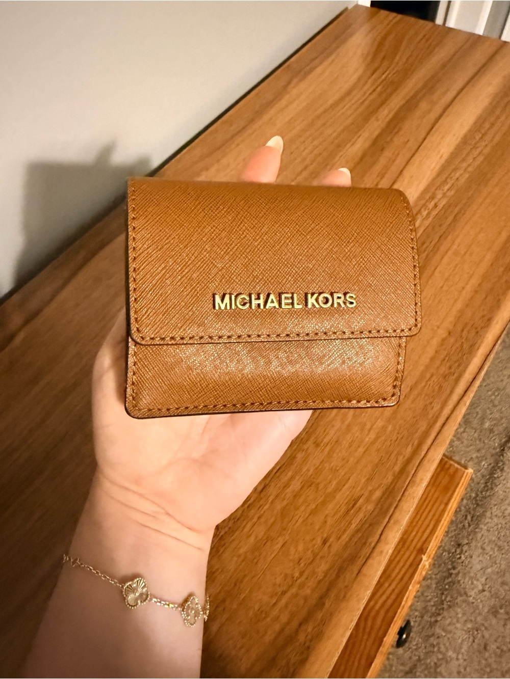 Michael Kors Cognac Saffiano Leather Card Wallet with Gold Logo